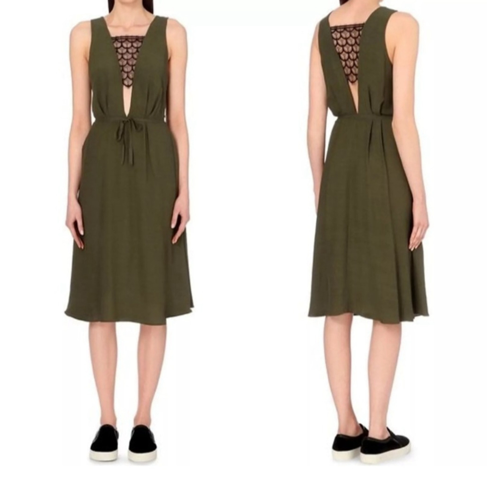Sandro Dress Size 2 Green‎ Black Lace Bandeau Crepe Midi